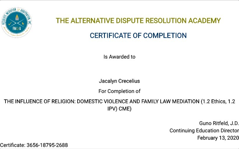 Certificate for User Jacalyn Crecelius