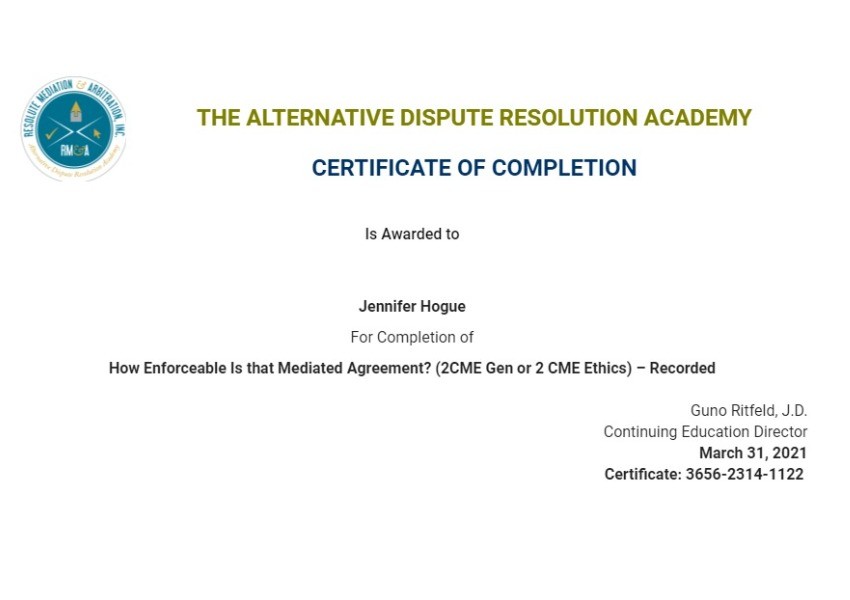 Certificate for User Jennifer Hogue