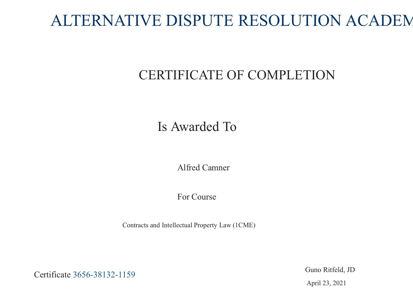 Certificate for User Alfred Camner