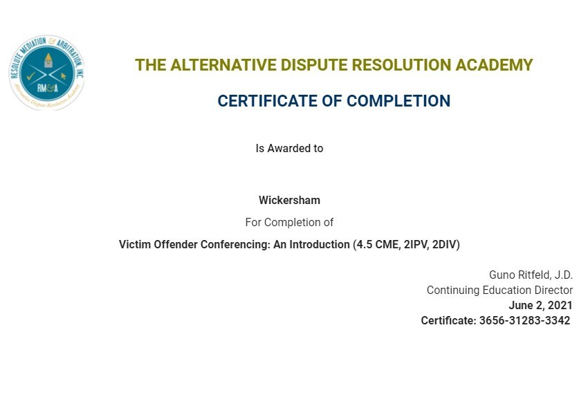 Certificate for User Wickersham
