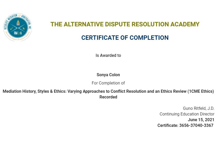 Certificate for User Sonya Colon