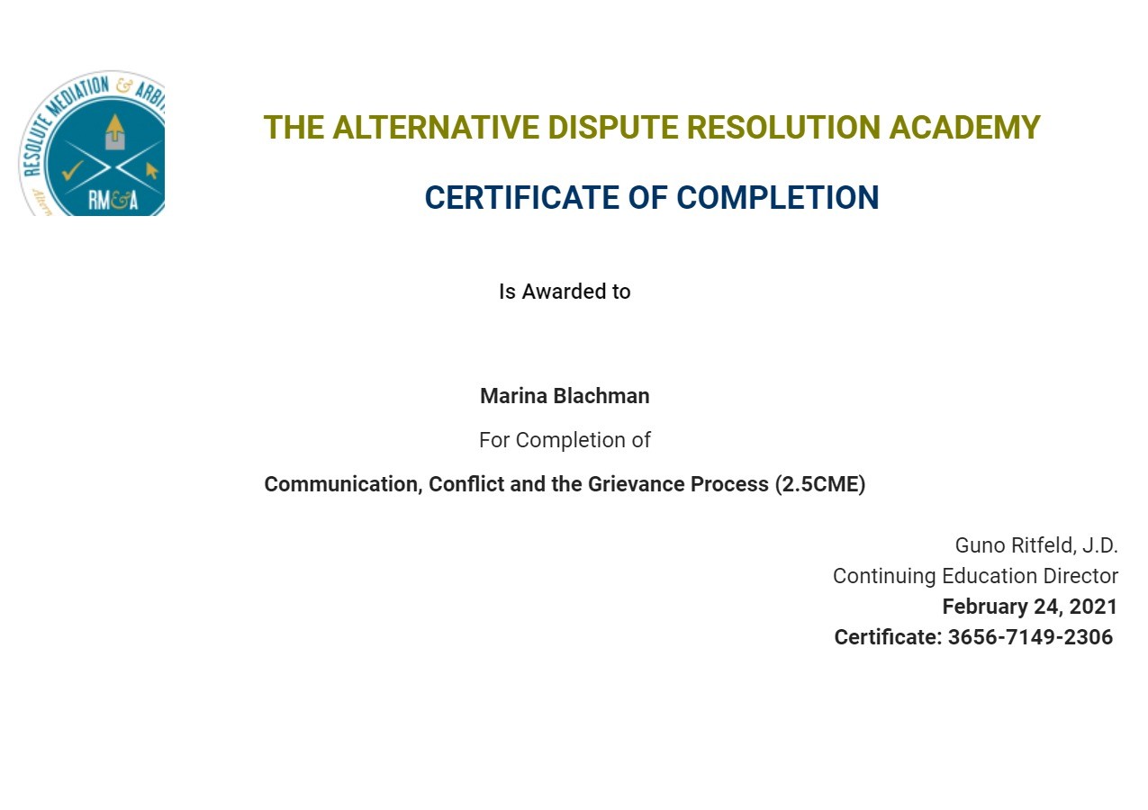 Certificate for User Marina Blachman