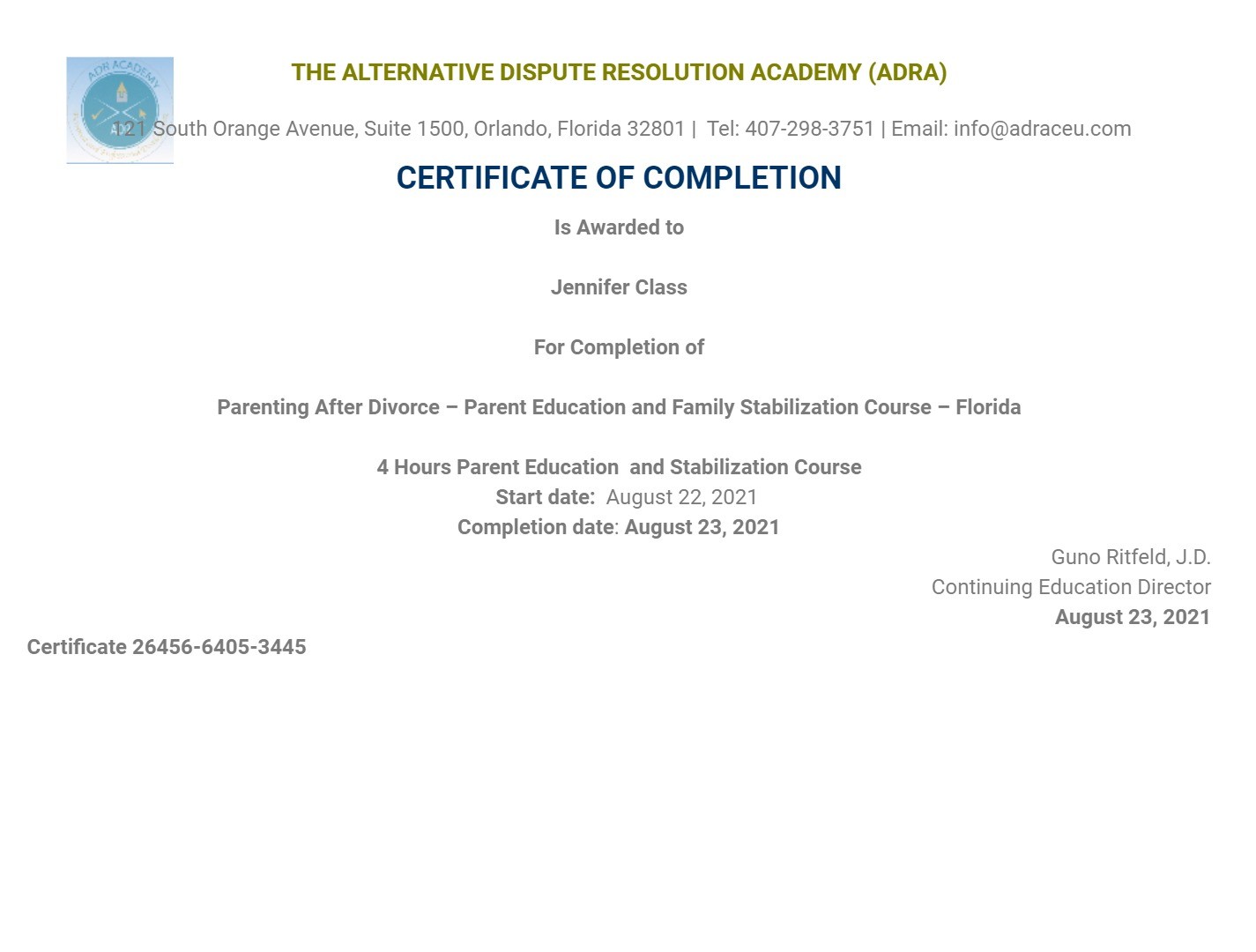 Certificate for User Jennifer Class