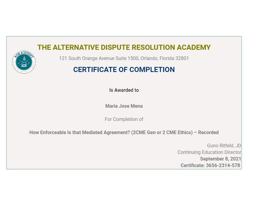 Certificate for User Maria Jose Mena