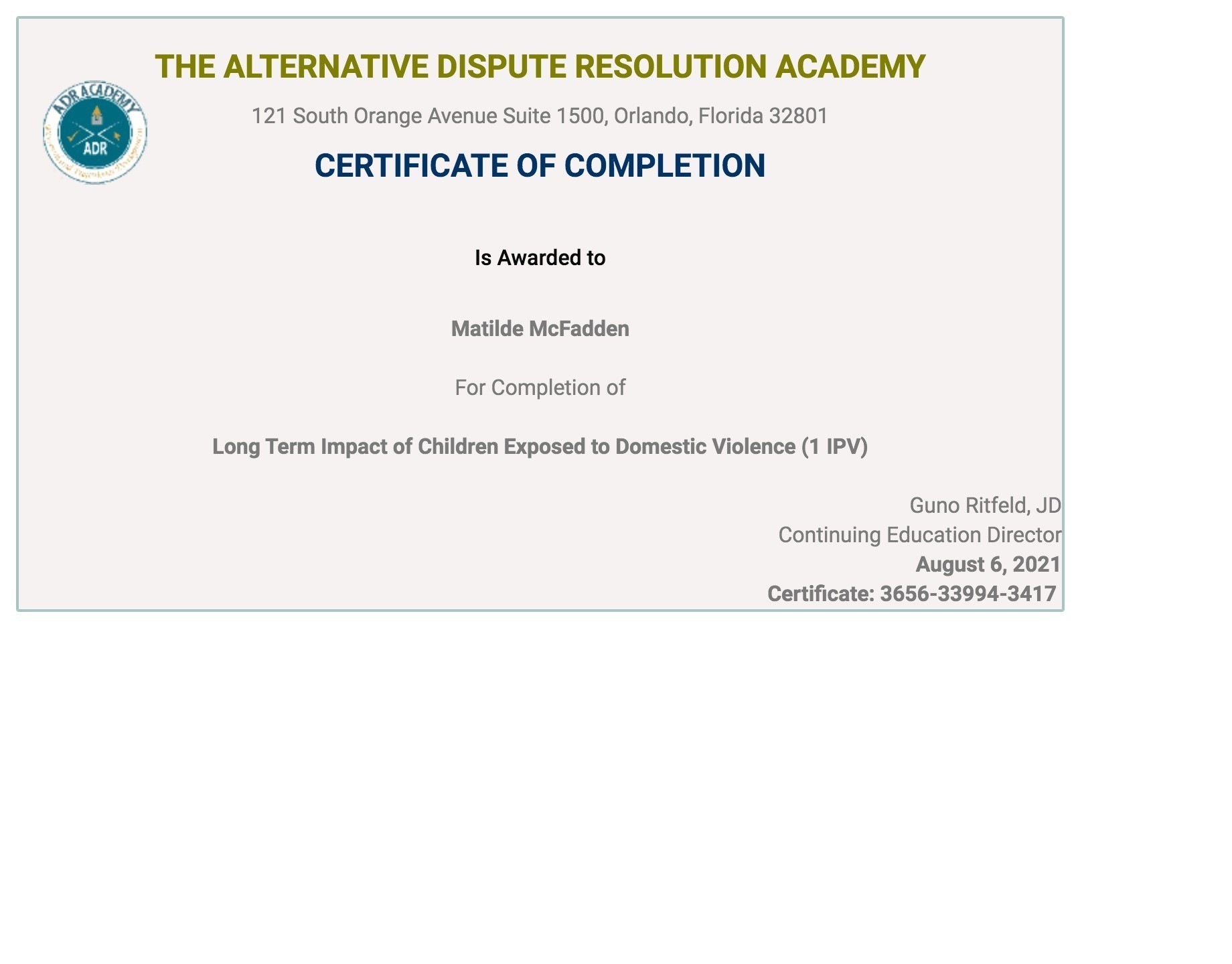 Certificate for User Matilde McFadden