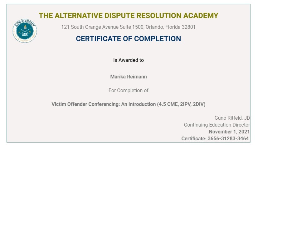 Certificate for User Marika Reimann