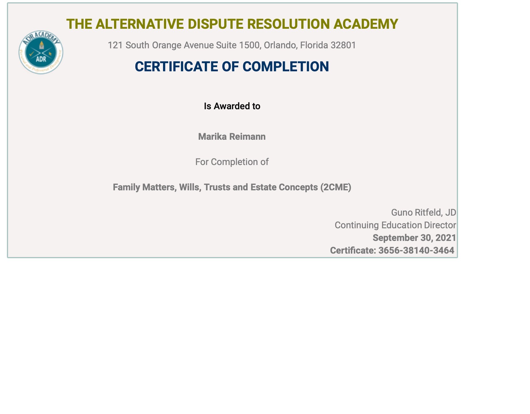 Certificate for User Marika Reimann