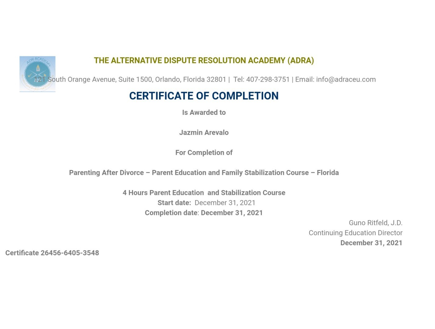 Certificate for User Jazmin Arevalo