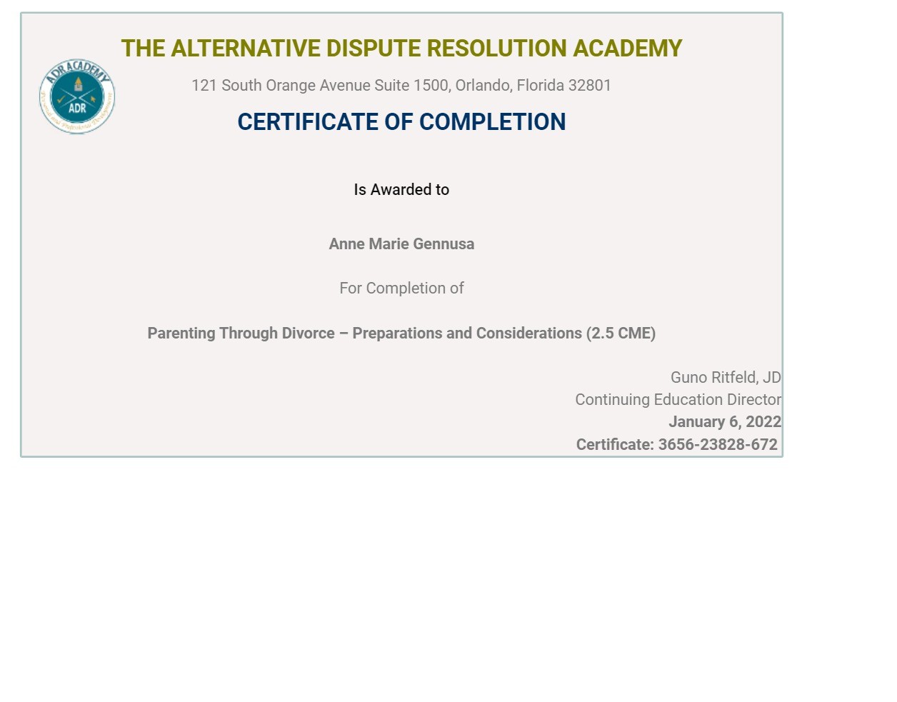 Certificate for User Anne Marie Gennusa