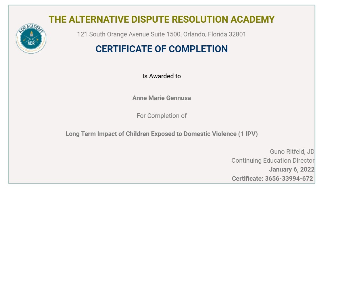 Certificate for User Anne Marie Gennusa