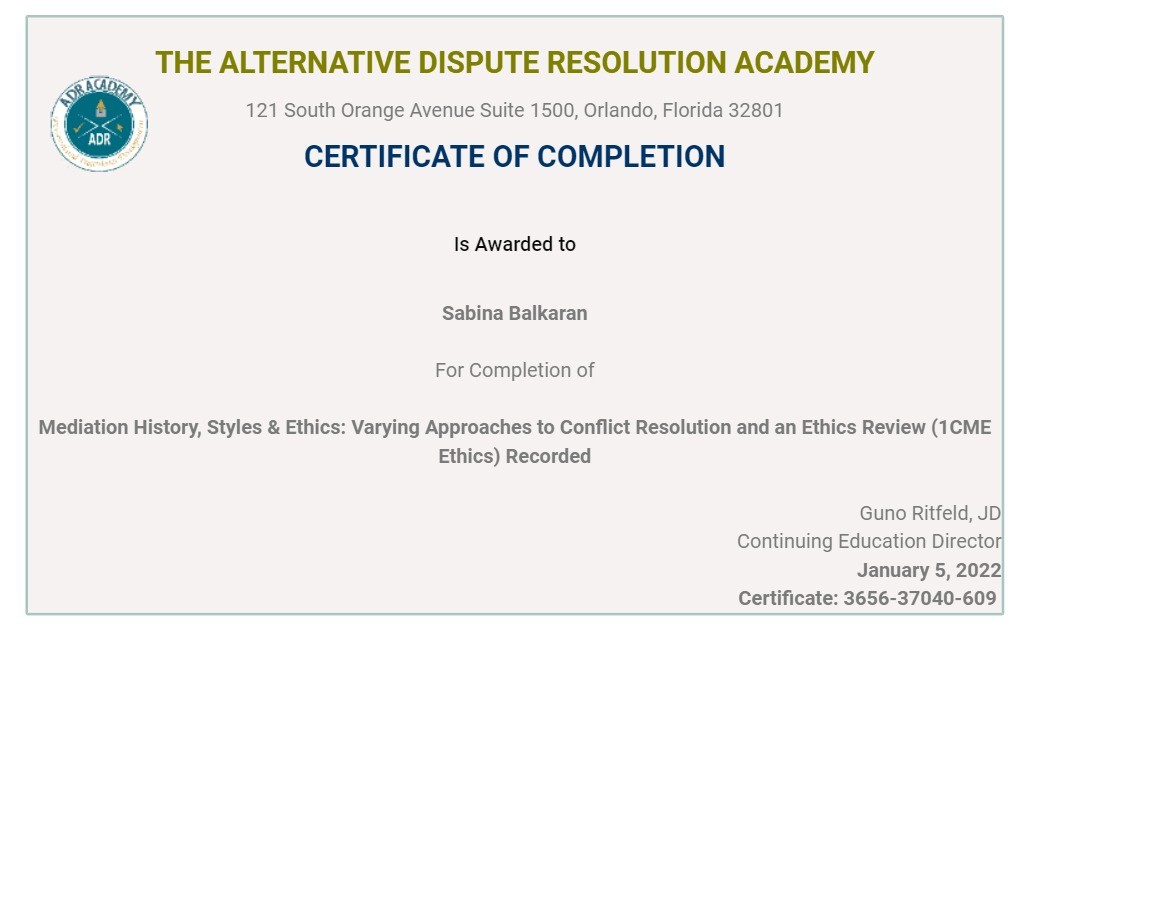 Certificate for User Sabina Balkaran