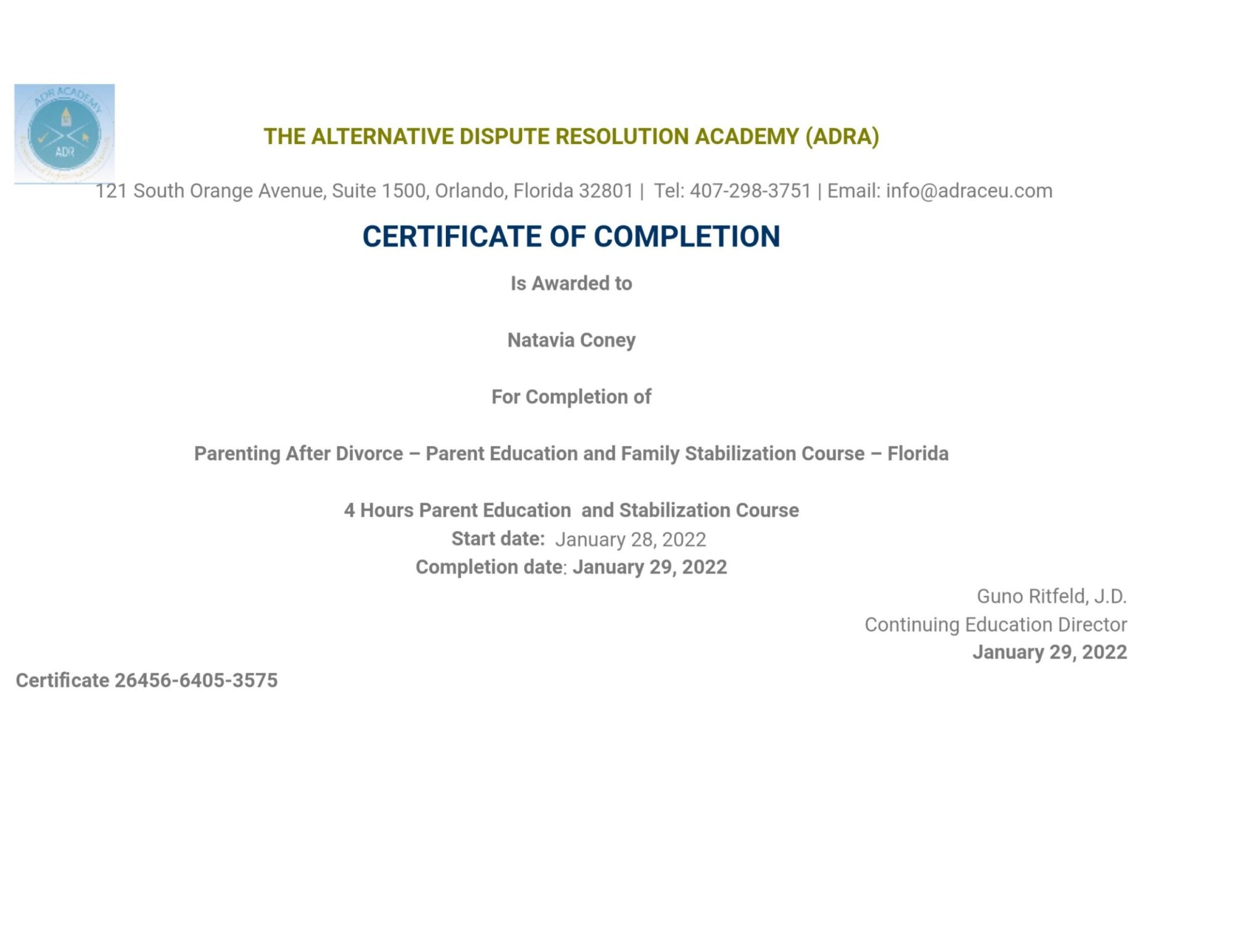 Certificate for User Natavia Coney