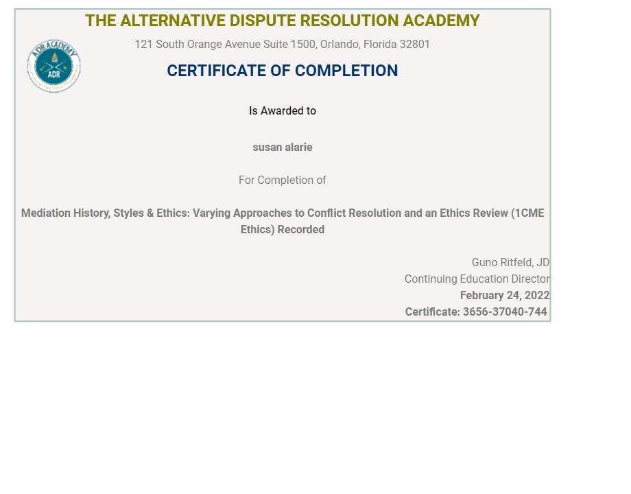 Certificate for User susan alarie