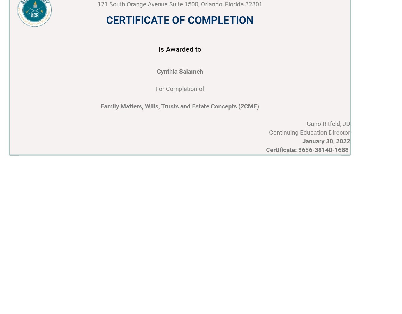 Certificate for User Cynthia Salameh