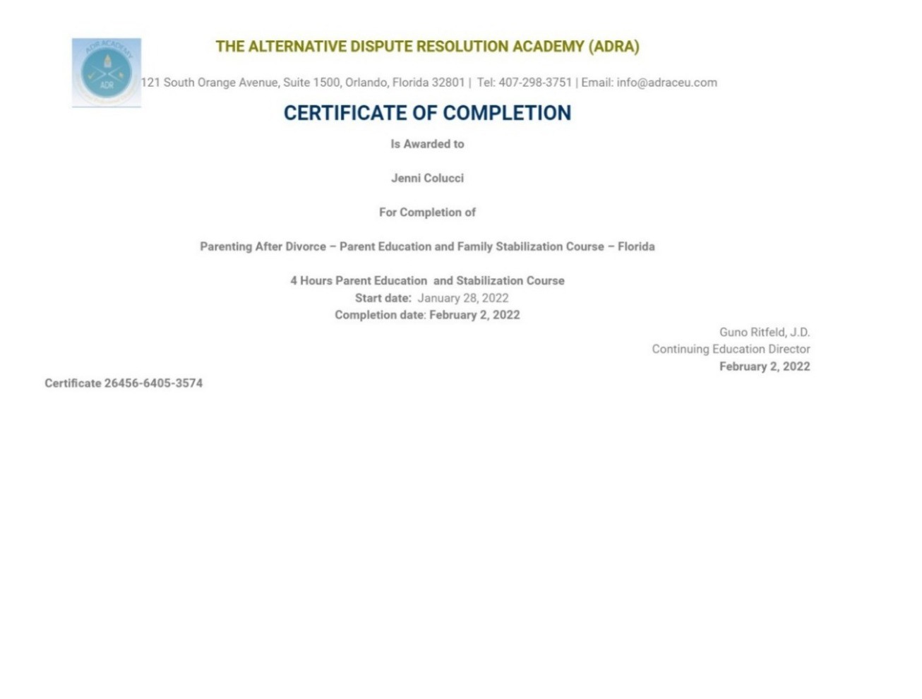 Certificate for User Jenni Colucci