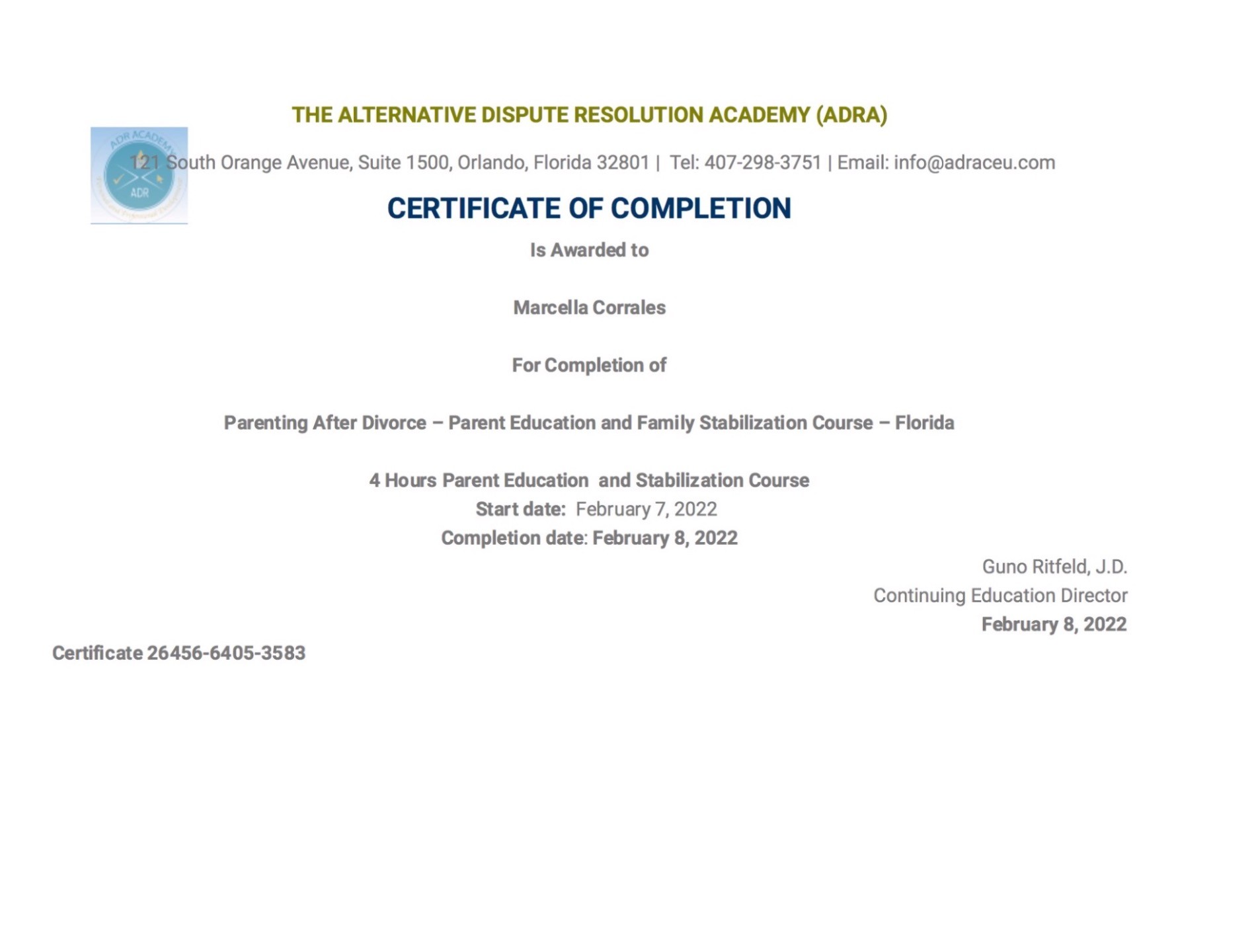 Certificate for User Marcella Corrales