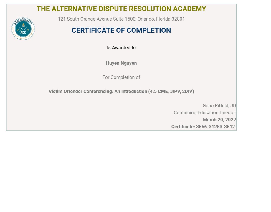 Certificate for User Huyen Nguyen