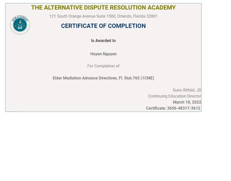Certificate for User Huyen Nguyen