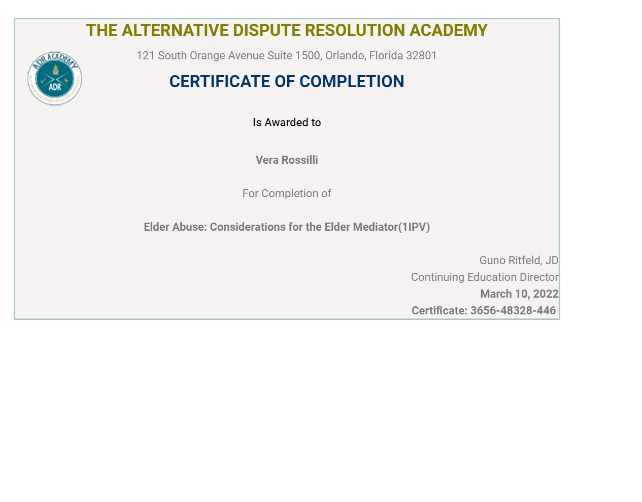 Certificate for User Vera Rossilli