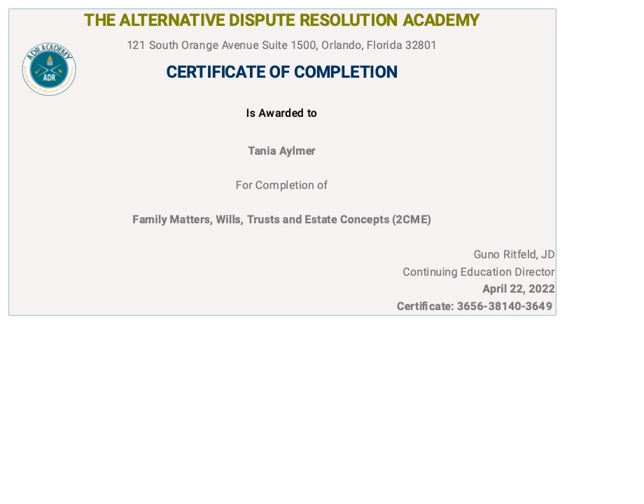 Certificate for User Tania Aylmer