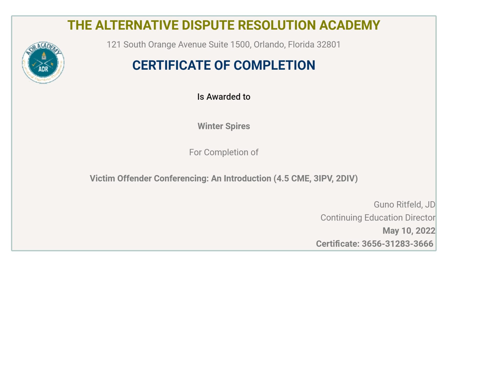Certificate for User Winter Spires