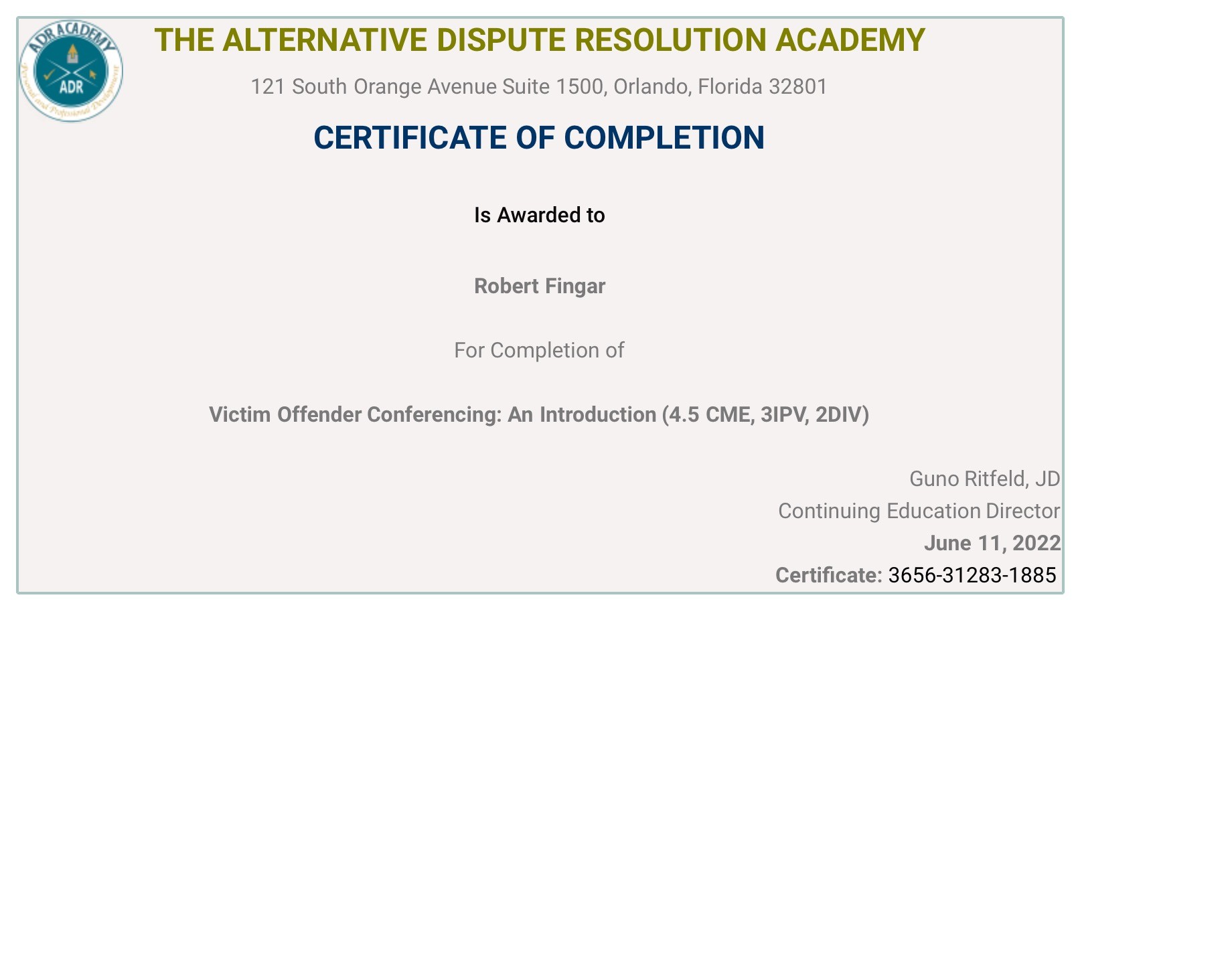 Certificate for User Robert Fingar