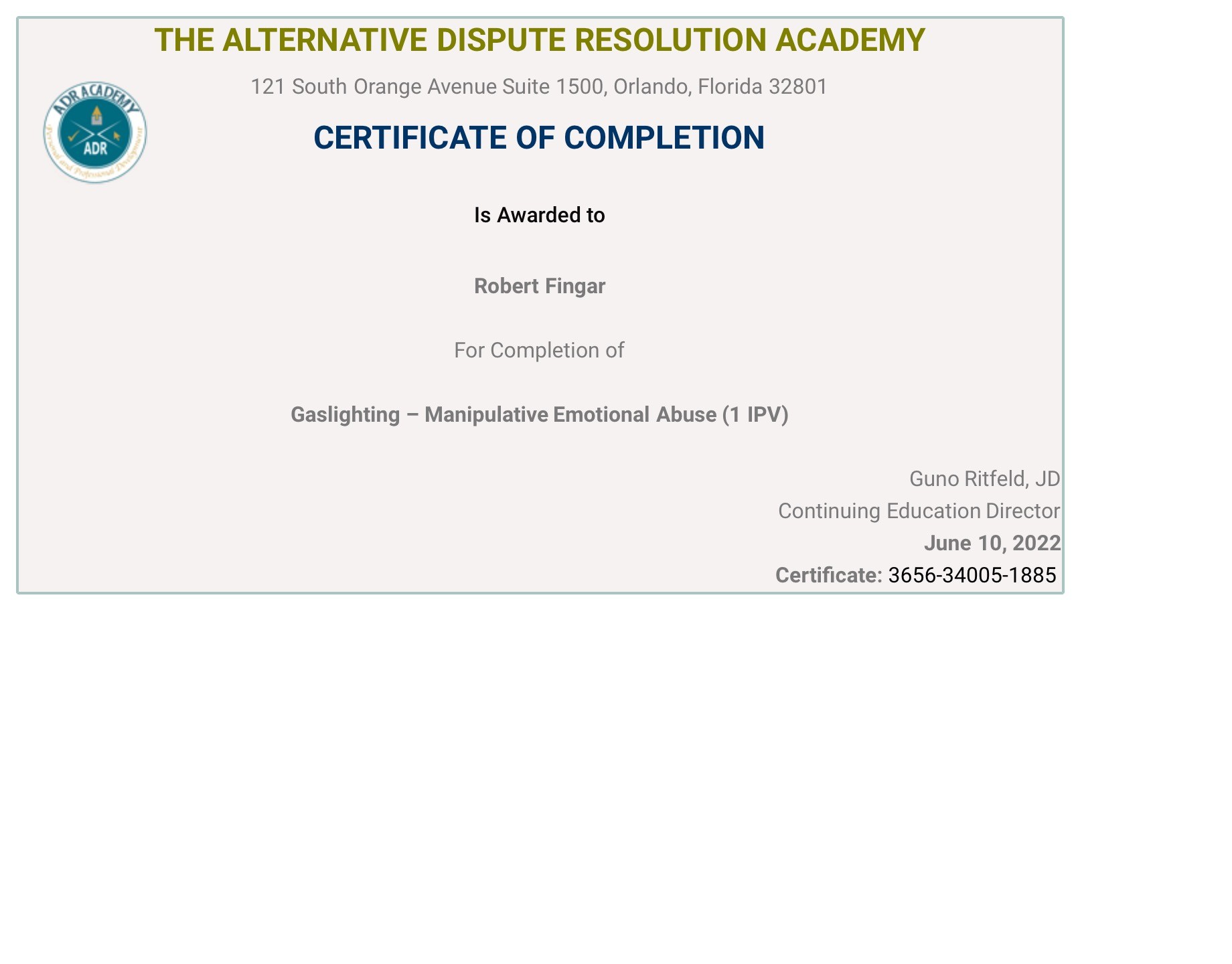 Certificate for User Robert Fingar