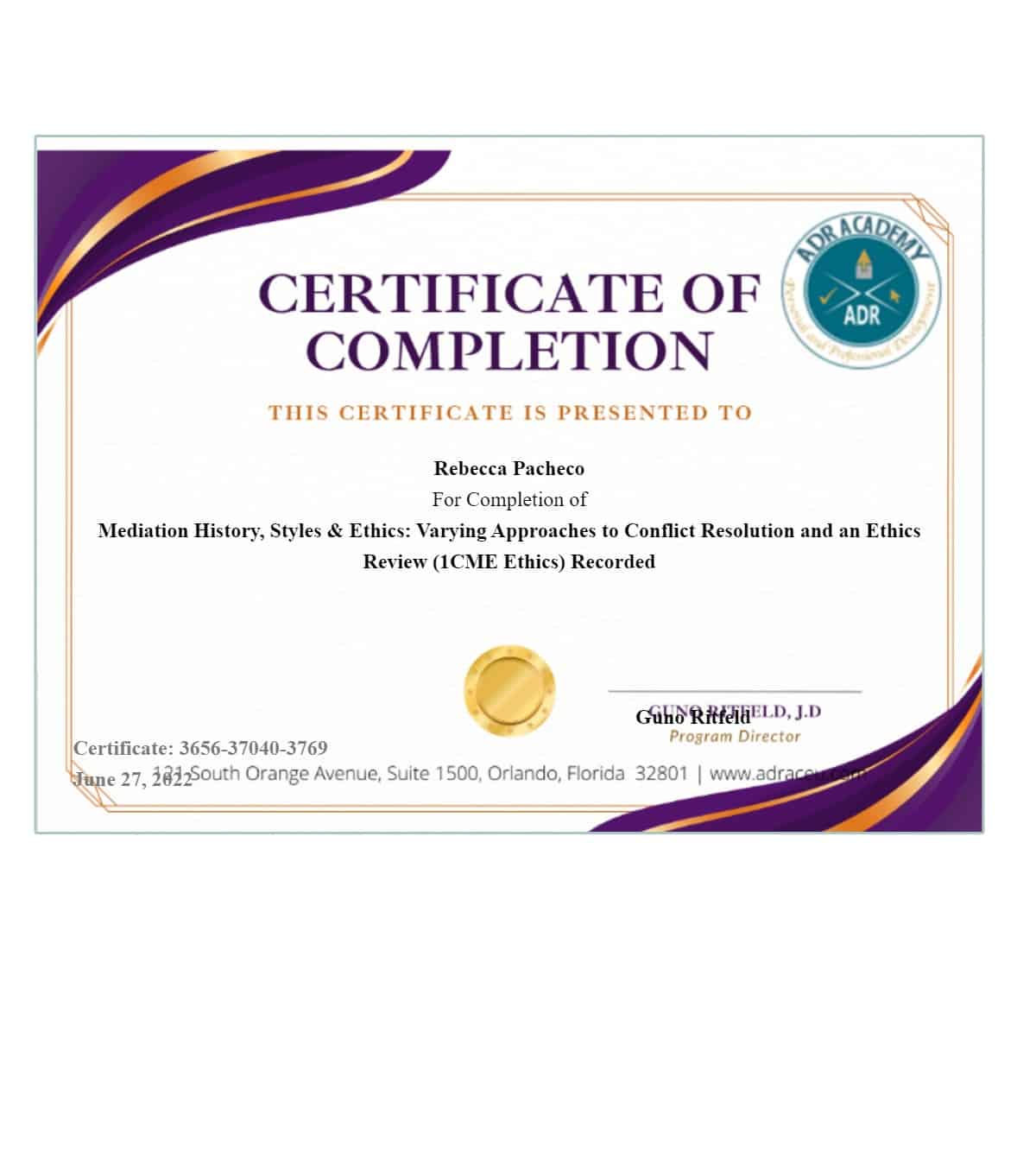 Certificate for User Rebecca Pacheco