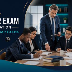 Law graduates preparing for a simulated bar examination with an attorney instructor