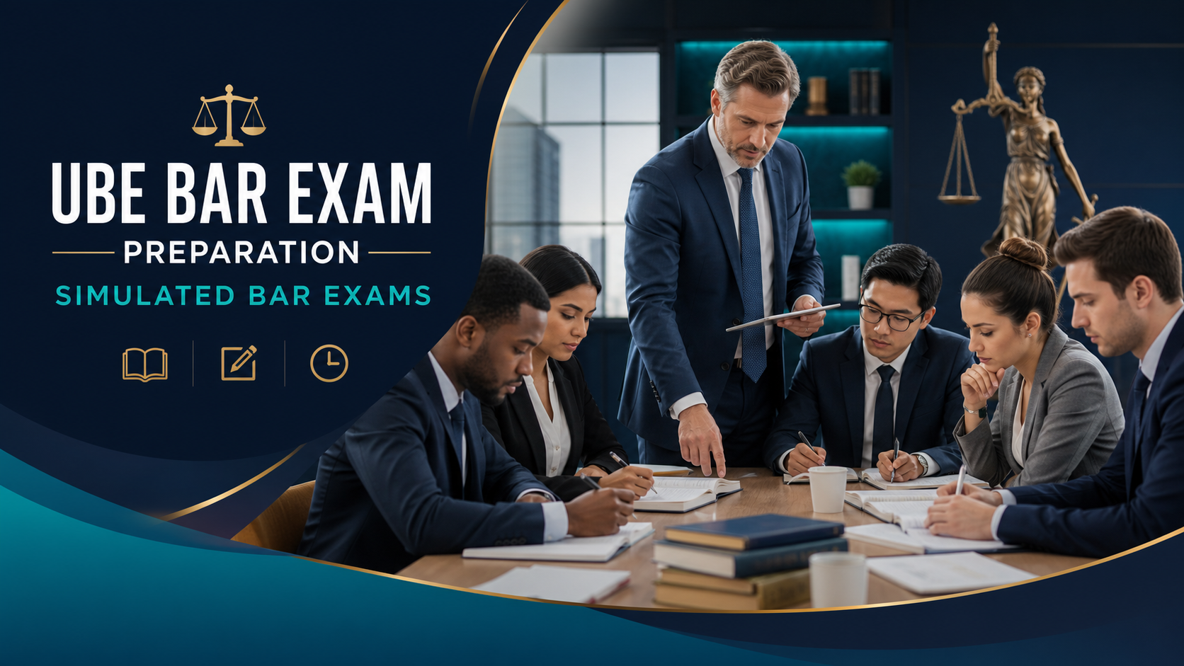 Law graduates preparing for a simulated bar examination with an attorney instructor
