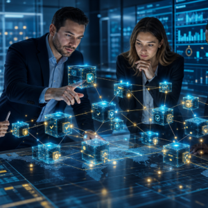 Professionals examining secure blockchain technology and industry applications