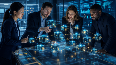 Professionals examining secure blockchain technology and industry applications