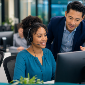 Customer service representative receiving professional call-center coaching