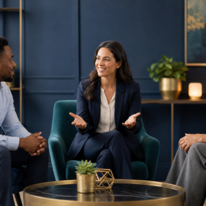 Neutral facilitator helping professionals resolve a workplace conflict