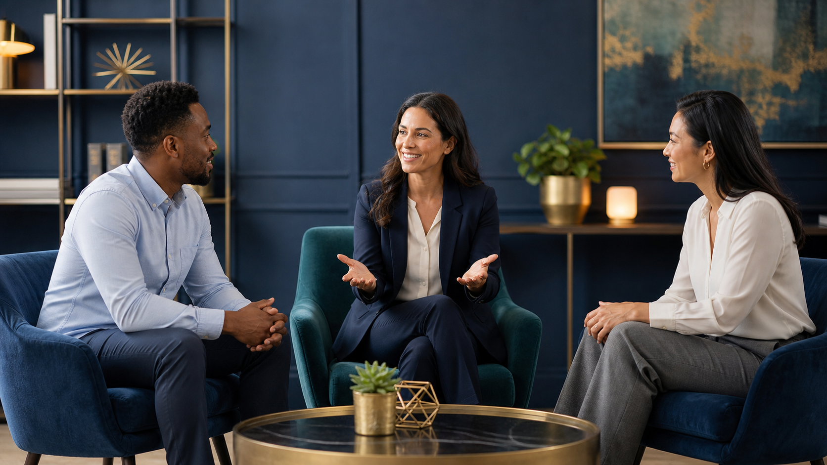Neutral facilitator helping professionals resolve a workplace conflict