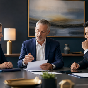 Business professionals and a neutral mediator reviewing a contract dispute