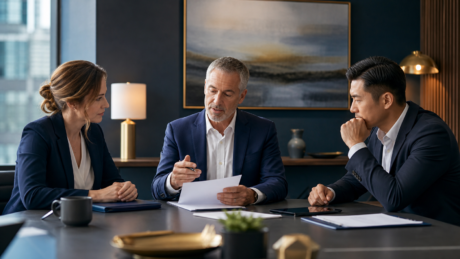 Business professionals and a neutral mediator reviewing a contract dispute