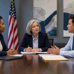 Workplace professionals using a structured grievance process to resolve conflict