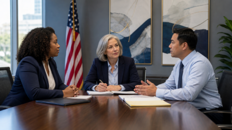 Workplace professionals using a structured grievance process to resolve conflict