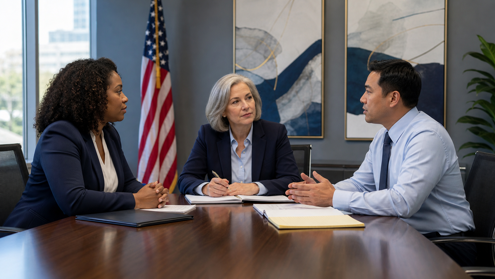 Workplace professionals using a structured grievance process to resolve conflict