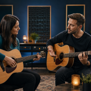 Adult learner receiving professional guitar instruction