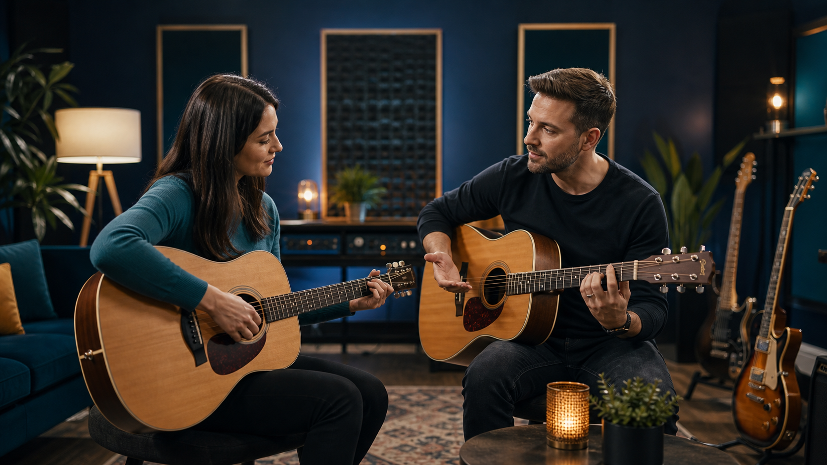 Adult learner receiving professional guitar instruction