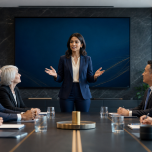 Emerging leader presenting confidently to an executive team