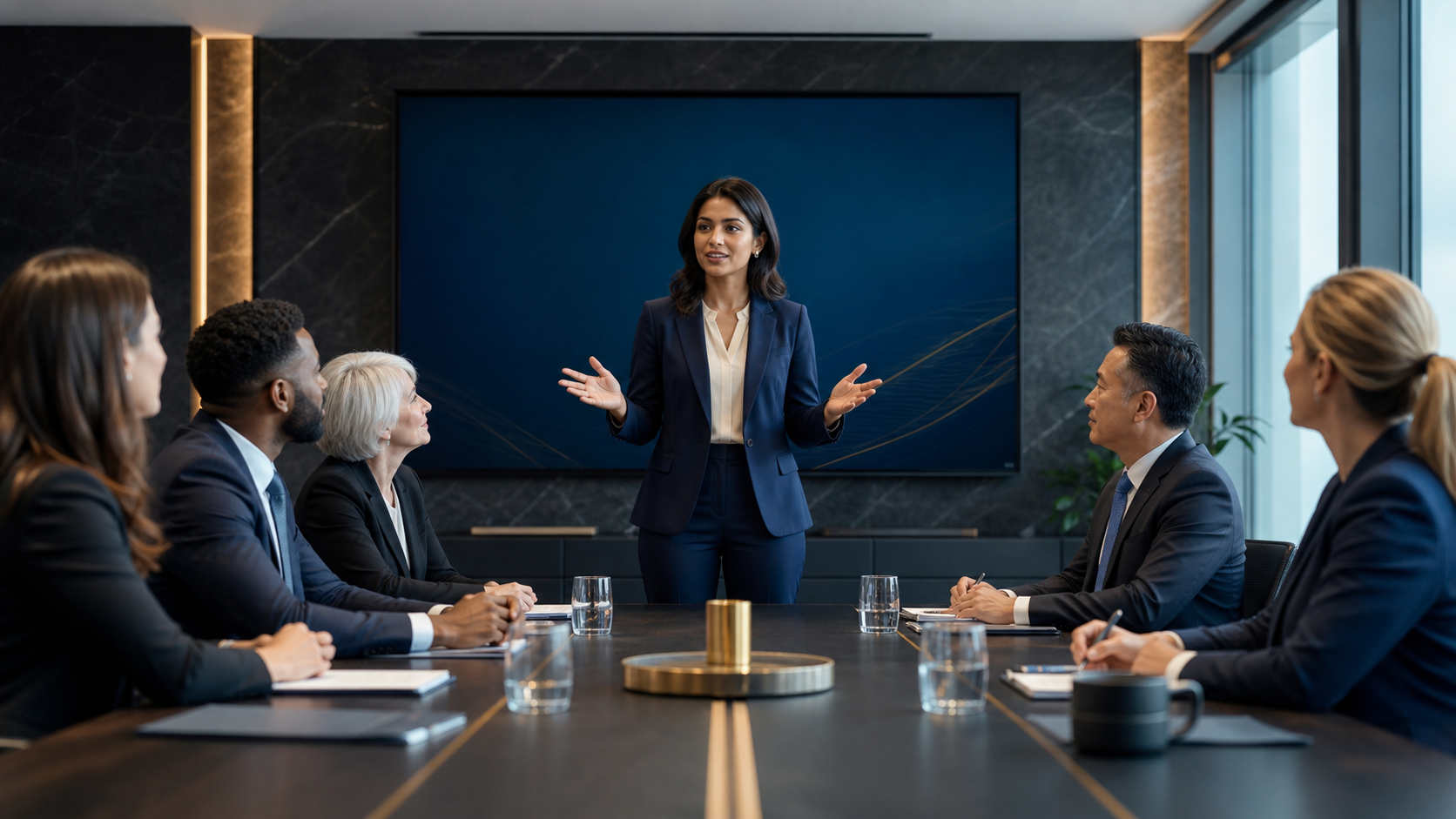 Emerging leader presenting confidently to an executive team