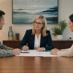 Military family and legal professionals discussing divorce-related planning and support