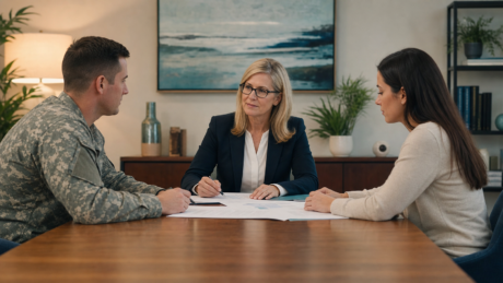 Military family and legal professionals discussing divorce-related planning and support