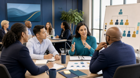 New managers practicing employee development and succession planning in a professional workshop