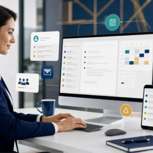 Professional managing email, calendar, and workplace communications