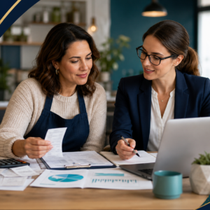Small-business owner and bookkeeper reviewing financial records