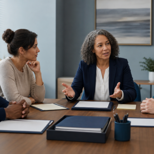 Family-law professional helping a self-represented client review court documents